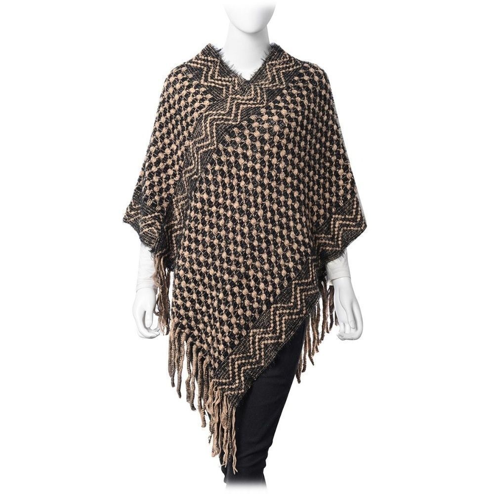 Poncho with Tassels Black and Khaki Dot Pattern